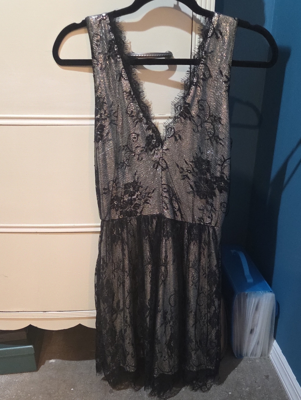 Francesca's Collections Black Lace & Silver Metallic Mini Dress With Pockets